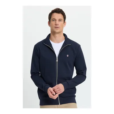 Erkek Slim Fit Dar Kesim Pamuklu Tam Fermuarlı Çift Cepli Dik Yaka Lacivert Sweatshirt Hırka