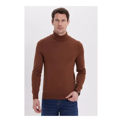 Slim Fit Tam Boğazlı Yaka Düz Yün Kahverengi Erkek Triko Kazak