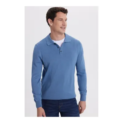 Erkek Standart Fit Normal Kesim Pamuklu Polo Yaka İndigo Kazak