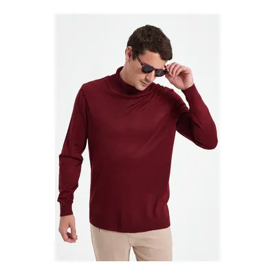 Slim Fit Tam Boğazlı Yaka Düz Yün Bordo Erkek Triko Kazak