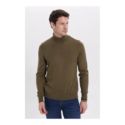 Erkek Slim Fit Tam Boğazlı Yaka Düz Yün Haki Triko Kazak