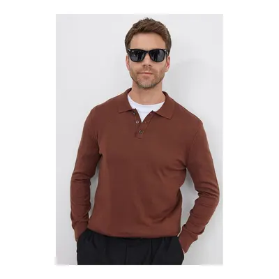 Erkek Standart Fit Normal Kesim Pamuklu Polo Yaka Kahverengi Kazak