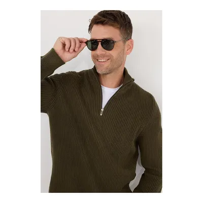 Erkek Slim Fit Dar Kesim Fermuarlı Haki Dik Yaka Triko Kazak