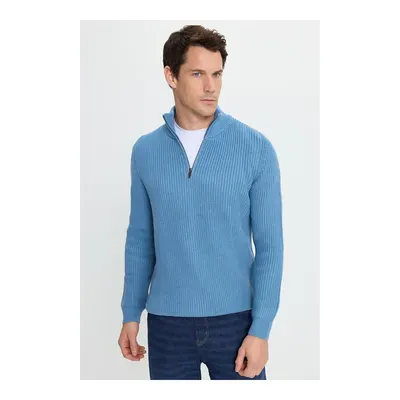 Erkek Slim Fit Dar Kesim Fermuarlı İndigo Dik Yaka Triko Kazak