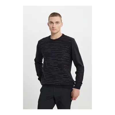 Erkek Siyah-gri Melanj Standart Fit Normal Kesim Bisiklet Yaka Dokulu Desenli Triko Kazak
