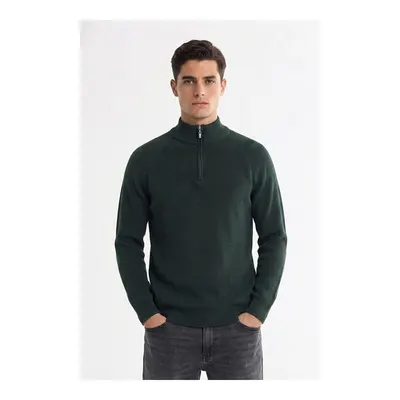 Haki Slim Fit Fermuarlı Yarım Balıkçı Yaka Triko Kazak