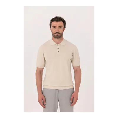 Bej Regular Fit Göğüs Nakış Detaylı Polo Yaka Triko Tişört