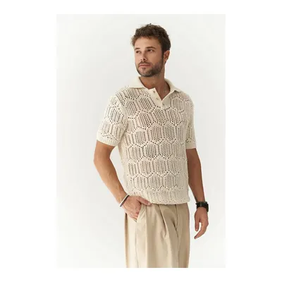 Mai Collection Leonard Erkek Düğme Detay Ekru Triko Tişört