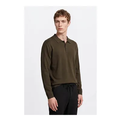 Erkek Haki Standart Fit Normal Kesim Polo Yaka Basic Triko Kazak