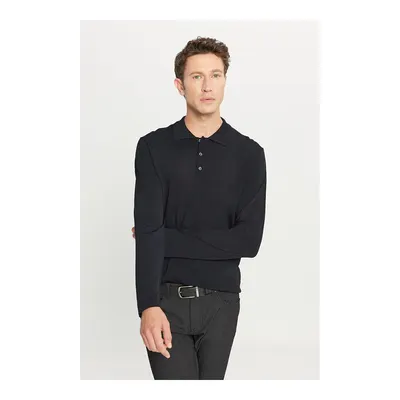Erkek Siyah Standart Fit Normal Kesim Polo Yaka Basic Triko Kazak