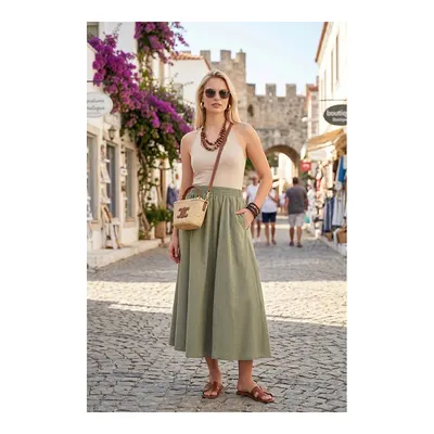Lela Haki Modest Pamuklu Relaxed Fit Lastikli Bel Tesettür Midi Etek 668ye4449