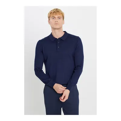 Erkek Lacivert Yünlü Standart Fit Normal Kesim Polo Yaka Triko Kazak