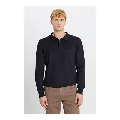 Erkek Siyah Yünlü Standart Fit Normal Kesim Polo Yaka Triko Kazak