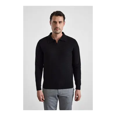 Siyah Regular Düğmeli Polo Yaka Kazak