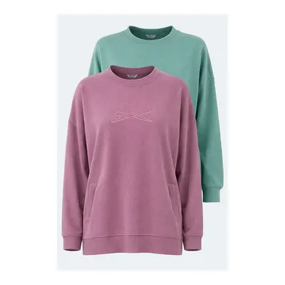 SLAZENGER Karışık Vikenti Sw 2'li Set Kadın Cepli Oversize Yeşil - Gül Sweatshirt