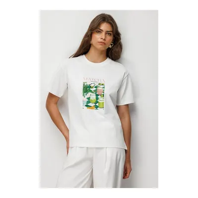 Mizalle Matcha Baskılı Suprem Beyaz T-shirt