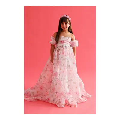Le Mabelle Pembe Çiçek Desenli Organze Straplez Kız Çocuk Mezuniyet Elbisesi - Lovisa