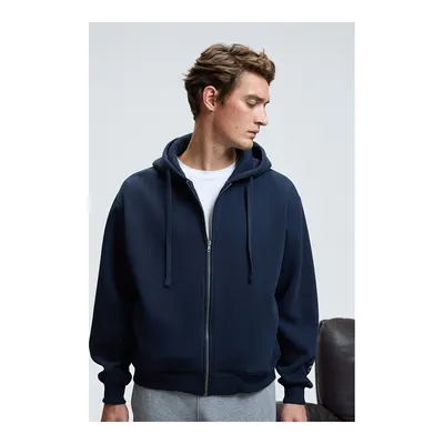 GRIMELANGE Erkek Kapüşonlu Fermuarlı Cepli Kordonlu Boxy Kalıp Lacivert Sweatshirt