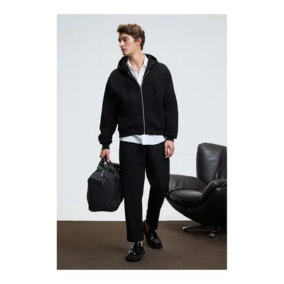 GRIMELANGE Erkek Kapüşonlu Fermuarlı Cepli Kordonlu Boxy Kalıp Siyah Sweatshirt