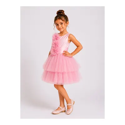 Ahengim Pembe Kız Çocuk Çiçek Aplikeli Prenses Abiye Elbise Ak355