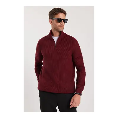 Erkek Slim Fit Dar Kesim Fermuarlı Bordo Dik Yaka Triko Kazak