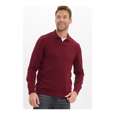 Erkek Standart Fit Normal Kesim Polo V Yaka Bordo Triko Kazak