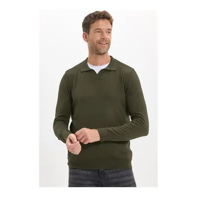 Erkek Standart Fit Normal Kesim Polo V Yaka Yeşil Triko Kazak