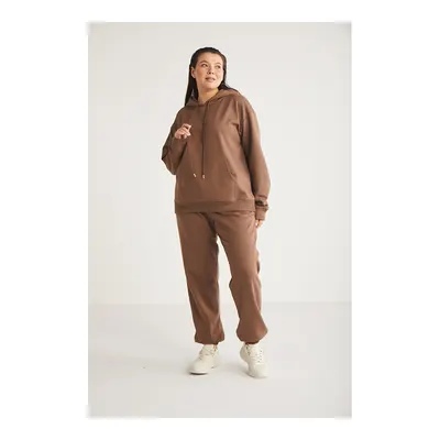 ETHIQUET Lenkabb Kadın İçi Polarlı Comfort Fit Beli ve Paçası Lastikli Kahverengi Eşofman Altı
