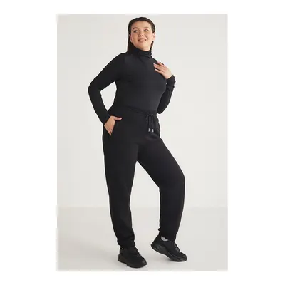 ETHIQUET Lenkabb Kadın İçi Polarlı Comfort Fit Beli ve Paçası Lastikli Siyah Eşofman Altı