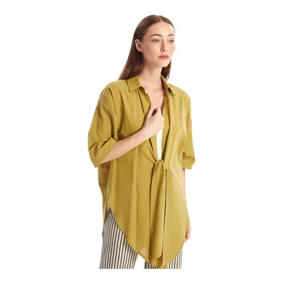 Haki Şal Yaka Düz Oversize Keten Görünümlü Kadın Kimono
