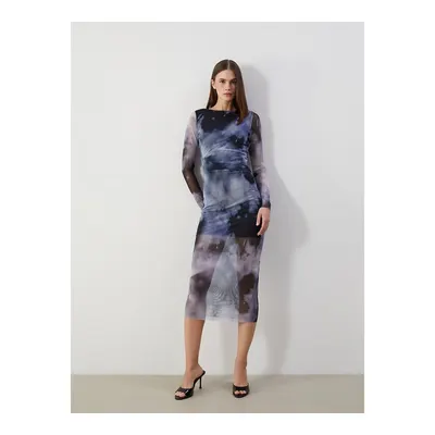 Lacivert Bisiklet Yaka Batik Desenli Kadın Bodycon Elbise