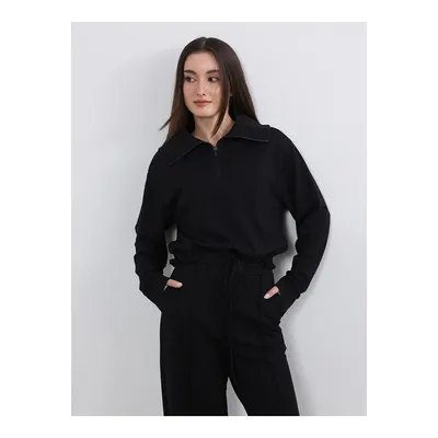 Soulife Siyah Petite Polo Yaka Kadın Sweatshirt