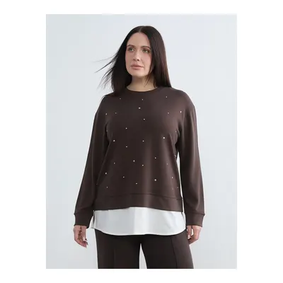 Soulife Kahverengi Bisiklet Yaka Taşlı Kadın Sweatshirt