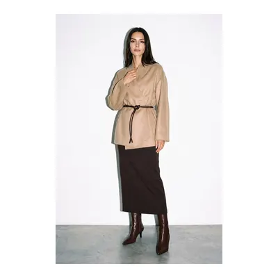 Camel Yakasız Dökümlü Rahat Kesim Kaban