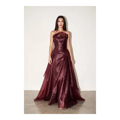 Bordo Straplez Drape Detaylı Abiye Elbise