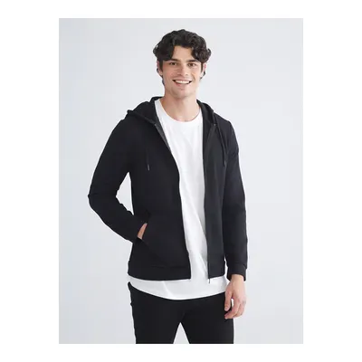 Siyah Kapüşonlu Uzun Kollu Erkek Fermuarlı Sweatshirt