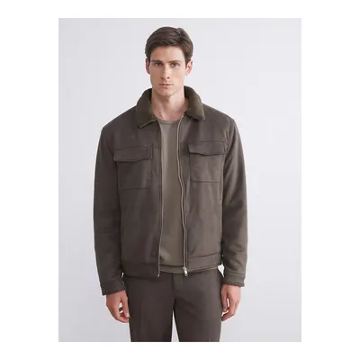 Haki Slim Fit Kürk Yaka Süet Erkek Mont