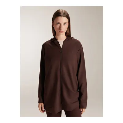 Kahverengi Kapüşonlu Oversize Kadın Fermuarlı Sweatshirt