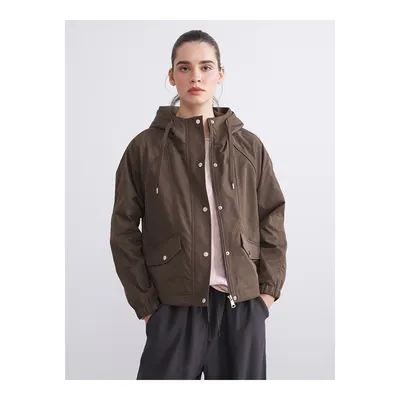 Kahverengi Kapüşonlu Oversize Kadın Yağmurluk