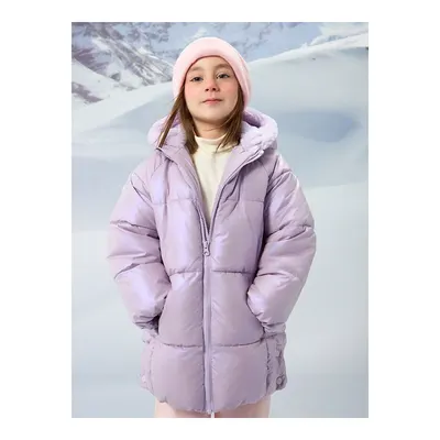 Lila Kapüşonlu Kız Çocuk Şişme Mont