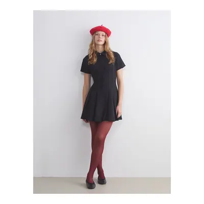 Siyah Gömlek Yaka Peplum Mini Elbise