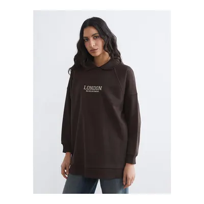 Kahverengi London Nakışlı Kadın Kalın Sweatshirt Tunik