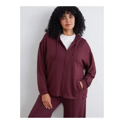 Soulife Bordo Büyük Beden Kapüşonlu Kadın Fermuarlı Sweatshirt