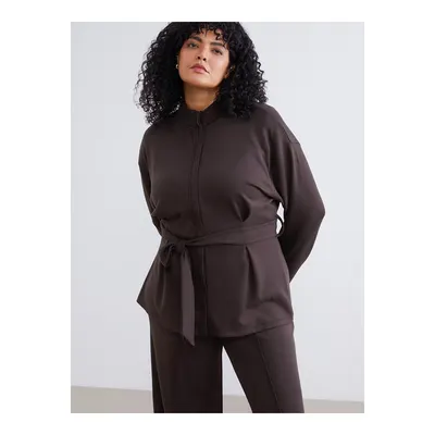 Soulife Kahverengi Büyük Beden Dik Yaka Kadın Fermuarlı Sweatshirt