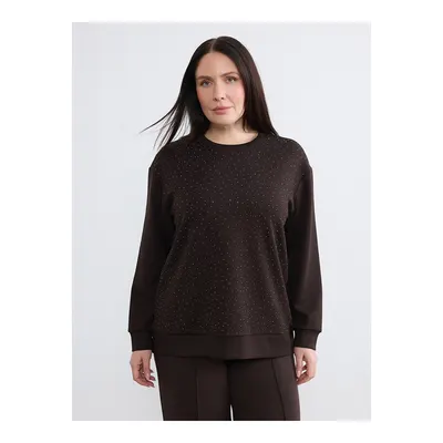 Soulife Kahverengi Büyük Beden Bisiklet Yaka Taşlı Kadın Sweatshirt