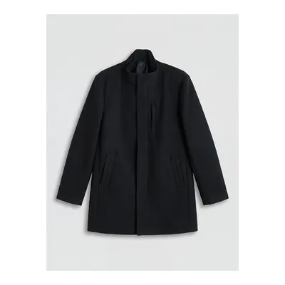 Classic Siyah Regular Fit Dik Yaka Erkek Kaşe Kaban