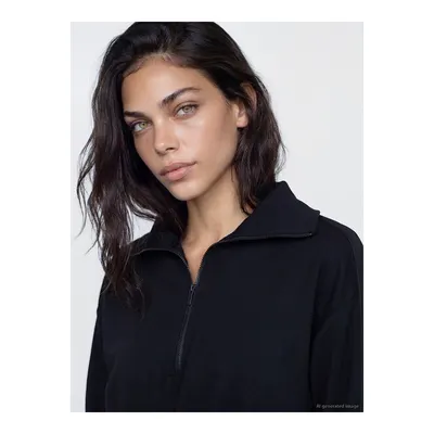 Siyah Fermuarlı Dik Yaka Kadın Sweatshirt Tunik