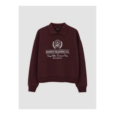 Bordo Polo Yaka Nakışlı Oversize Kadın Sweatshirt