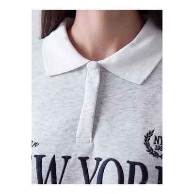 Gri Polo Yaka Oversize Kadın Kalın Sweatshirt
