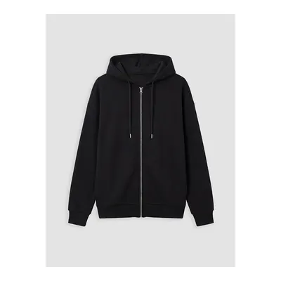 Siyah Kapüşonlu Oversize Kadın Fermuarlı Sweatshirt